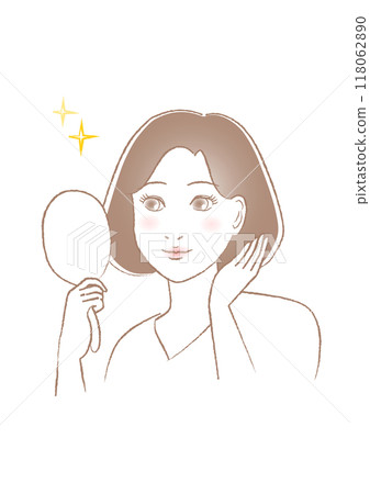 一個女人看著鏡子並對自己的美麗感到滿意的插圖 一個女人看著鏡子並對自己的美麗感到滿意的插圖 118062890