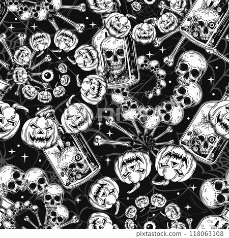 Halloween monochrome pattern with bottle with poisonous potion, fractal spirals with human skull, pumpkin head, bones. Grunge distorted silhouette of spider web behind. Vintage style. 118063108