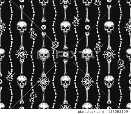 Geometric Halloween black and white pattern with vertical stripes with broken bones, half human skull on black background. Vintage style. 118063109