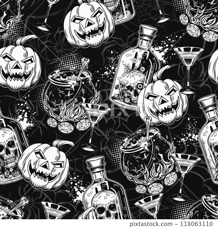Halloween surreal pattern with glass bottle with poison, skull inside. Witch cauldron with bubbling potion, pumpkin head. Silhouette of spider behind. Witchy, devilry illustration. Vintage style 118063110
