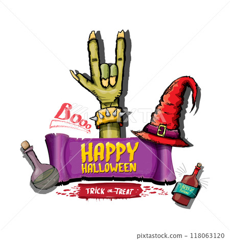 Happy halloween doodle design elements set isolated on white background. vector happy halloween greeting card with zombie hand. vector illustration 118063120