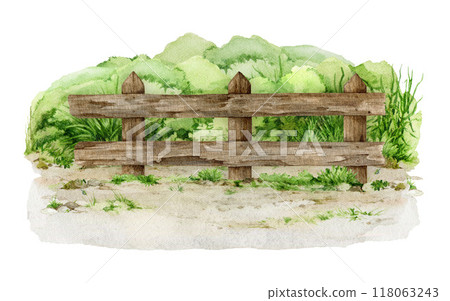 Wooden fence on the ground with grass, bushes. Watercolor vintage style illustration. Old farm, ranch, village, countryside wooden fence. Outdoors element border on the ground 118063243