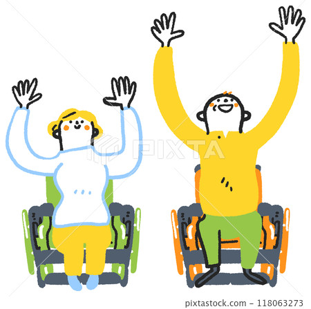 Stock illustration of a young woman and a senior man spreading their arms wide towards the sky Stock illustration of a young woman and a senior man spreading their arms wide towards the sky 118063273
