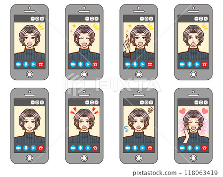 一個成年男子在智慧型手機上分發影片的插畫素材集 一個成年男子在智慧型手機上分發影片的插畫素材集 118063419