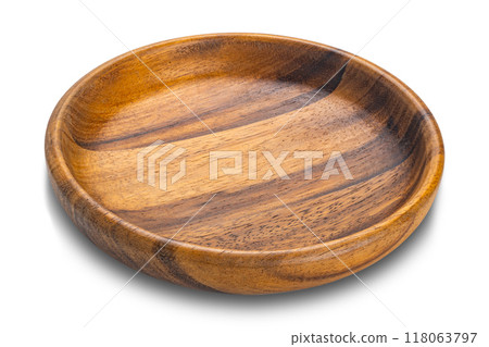 High angle view of empty wooden dish. High angle view of empty wooden dish. 118063797