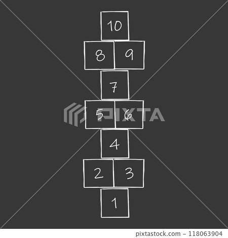 Hopscotch chalk doodle drawing, street Jumping game kids activity. Hop scotch with numbers. Summer outdoor fun.  118063904
