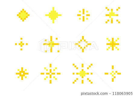 Pixel star retro 8 bit sparkle set. Shiny game pixel art effect set. Firework burst, space decoration. 90s aesthetics, y2k  118063905