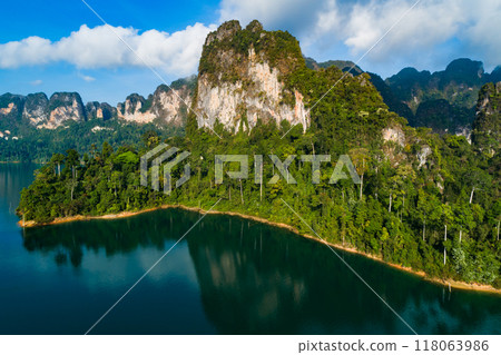 Aerial view Tropical Rainforest trees mountains with reflection on the water Aerial view Tropical Rainforest trees mountains with reflection on the water 118063986