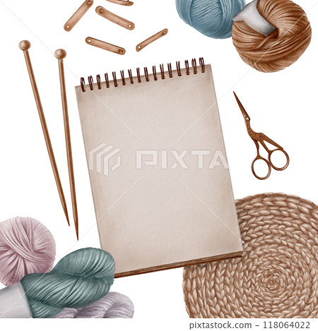 Template for text. Notebook with empty space for writing on white background with knitting accessories:skeins of yarn,wooden needles,leather tags,crane scissors Template for text. Notebook with empty space for writing on white background with knitting accessories:skeins of yarn,wooden needles,leather tags,crane scissors 118064022