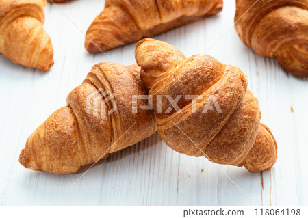 Group of sweet croissant . French morning breakfast . Top view 118064198
