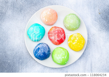Mix of colorful mochi . Traditional japanese dessert 118064234
