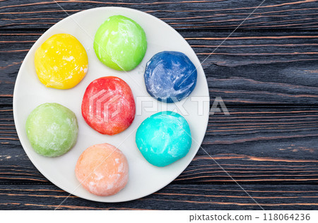 Mix of colorful mochi . Traditional japanese dessert Mix of colorful mochi . Traditional japanese dessert 118064236
