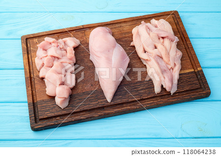 Raw chicken meat fillet ( breast ) Various of cutting in form slice and cube 118064238