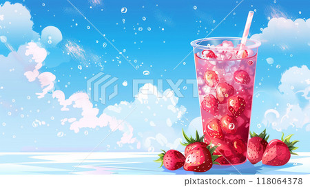 藍天和草莓蘇打水清新的夏日風景 藍天和草莓蘇打水清新的夏日風景 118064378