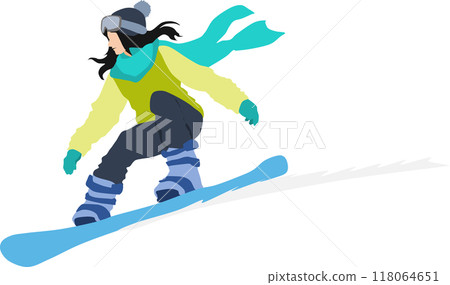 Illustration of a woman snowboarding on a snowy mountain in winter 118064651