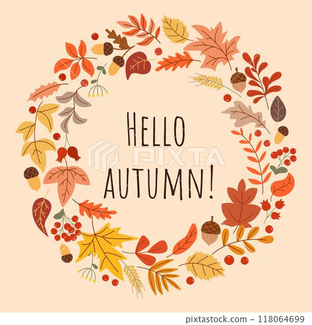 Hello Autumn lettering in foliage wreath 118064699