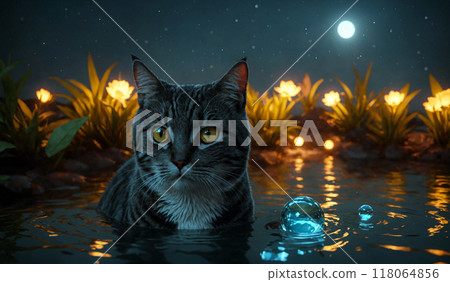 A cat immersed in water with sharp eyesight walks carefully into the depths of the river. A starry night in the tropics, with yellow flowers glowing in the background 118064856