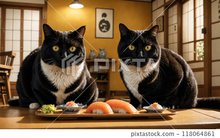 Three plump black and white cats sit on the floor posing with fresh tuna sushi served on a wooden board. Artistic illustration  118064861