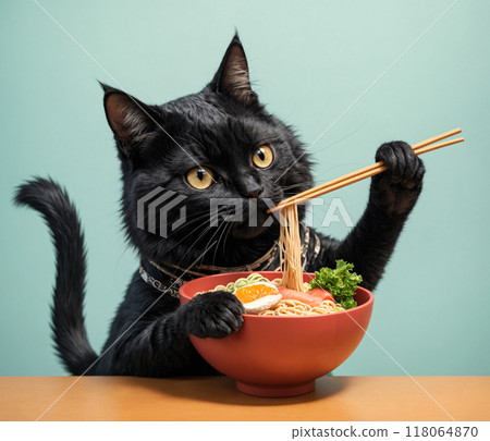 A black fluffy cat with big yellow eyes sits at a wooden table set with delicious ramen soup with egg  served in a porcelain bowl. Artistic illustration 118064870
