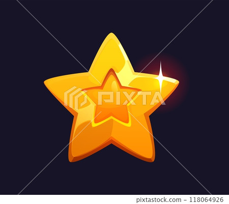 Cartoon star golden award. Isolated vector game asset, level up rank or trophy. Bright and shiny gold star with reflective surface and glowing points, symbol of achievement, win, prize and excellence Cartoon star golden award. Isolated vector game asset, level up rank or trophy. Bright and shiny gold star with reflective surface and glowing points, symbol of achievement, win, prize and excellence 118064926