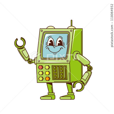 Cartoon retro groovy robot character with screen face, vector comic robotic art. Groovy funky retro robot with happy smile on screen display, mechanic humanoid with gripper hands and buttons Cartoon retro groovy robot character with screen face, vector comic robotic art. Groovy funky retro robot with happy smile on screen display, mechanic humanoid with gripper hands and buttons 118064932