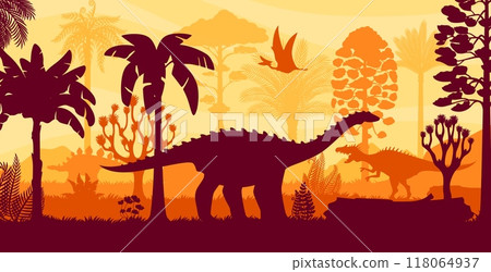 Prehistoric dinosaurs silhouettes in tropical jungle forest and vibrant yellow sky. Vector Jurassic period landscape with lush vegetation and roaming dino animals. Vivid depiction of ancient wildlife 118064937