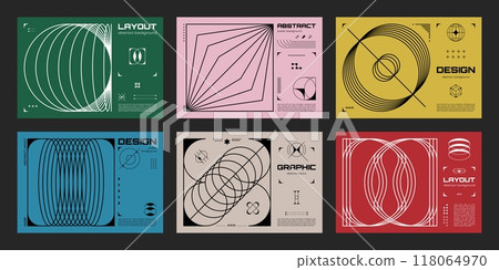 Abstract brutalism posters and banners. Vector brutal y2k cards, layouts or backgrounds with geometric surreal shapes in retro modern futuristic style. Minimalist templates with brutalism figures 118064970