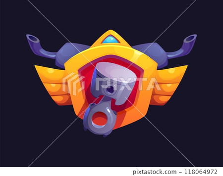 Motor and car racing rank award badge, features piston at the center, with golden wings and exhaust pipes extending outward. Cartoon vector game trophy success and recognition achievement pop up icon Motor and car racing rank award badge, features piston at the center, with golden wings and exhaust pipes extending outward. Cartoon vector game trophy success and recognition achievement pop up icon 118064972
