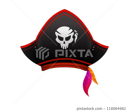 Cartoon pirate hat, corsair captain tricorn. Vector seafarer headdress with jolly roger skull. Isolated buccaneer cocked hat, headgear, sailor cap with red headband. Filibuster piracy costume part Cartoon pirate hat, corsair captain tricorn. Vector seafarer headdress with jolly roger skull. Isolated buccaneer cocked hat, headgear, sailor cap with red headband. Filibuster piracy costume part 118064982