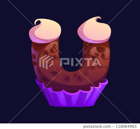 Letter U cartoon candy and confectionery alphabet, sweets typeface, font, chocolate cookie type symbol Crafted from a chocolatey, candy with whipped cream toppings, sits in a purple cupcake wrapper Letter U cartoon candy and confectionery alphabet, sweets typeface, font, chocolate cookie type symbol Crafted from a chocolatey, candy with whipped cream toppings, sits in a purple cupcake wrapper 118064983