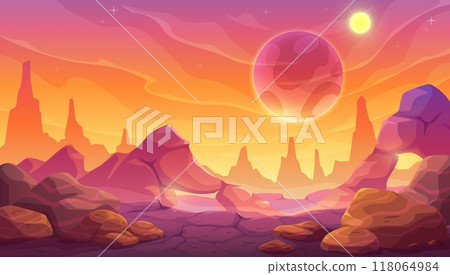 Cartoon alien space planet surface, fantastic mars red mountains landscape. Vector otherworldly background features rocky formations, and a large, mysterious planet in the sky, with a stunning sunset Cartoon alien space planet surface, fantastic mars red mountains landscape. Vector otherworldly background features rocky formations, and a large, mysterious planet in the sky, with a stunning sunset 118064984