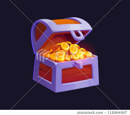 Cartoon pirate treasure chest with golden coins. Vector old trunk or box with gold. Antique medieval coffer, open and overflowing with wealth, medieval adventure game asset, loot of corsair or rover 118064987