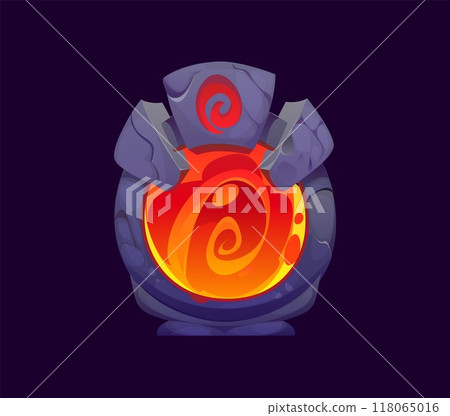 Magic portal door, fantasy stone arch game asset. Cartoon vector round mystical doorway with a glowing red and orange swirling core, surrounded by a stone arch with rune carvings and fiery colors Magic portal door, fantasy stone arch game asset. Cartoon vector round mystical doorway with a glowing red and orange swirling core, surrounded by a stone arch with rune carvings and fiery colors 118065016