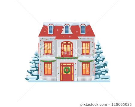 Cartoon Christmas winter home building exterior with snowy roof. Winter holiday town two storey cottage snowy facade, Xmas festive house outdoor scene or Christmas home isolated vector exterior Cartoon Christmas winter home building exterior with snowy roof. Winter holiday town two storey cottage snowy facade, Xmas festive house outdoor scene or Christmas home isolated vector exterior 118065025