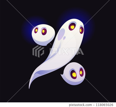 Halloween ghost font, percentage punctuation sign. Ghostly figure with glowing yellow eyes floating in a darkness. Cartoon evil haunting percent glyph type, funny scary typeface, spooky monster symbol Halloween ghost font, percentage punctuation sign. Ghostly figure with glowing yellow eyes floating in a darkness. Cartoon evil haunting percent glyph type, funny scary typeface, spooky monster symbol 118065026