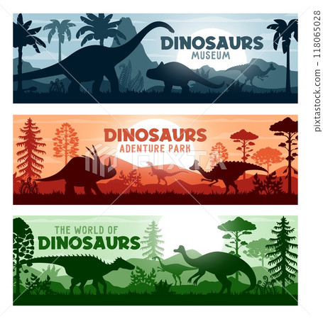 Prehistoric dinosaurs silhouettes, horizontal banners. Vector backgrounds with dino species shadows roaming peacefully at sunset landscape with palm trees, hills and plants in front of large dusk sky Prehistoric dinosaurs silhouettes, horizontal banners. Vector backgrounds with dino species shadows roaming peacefully at sunset landscape with palm trees, hills and plants in front of large dusk sky 118065028