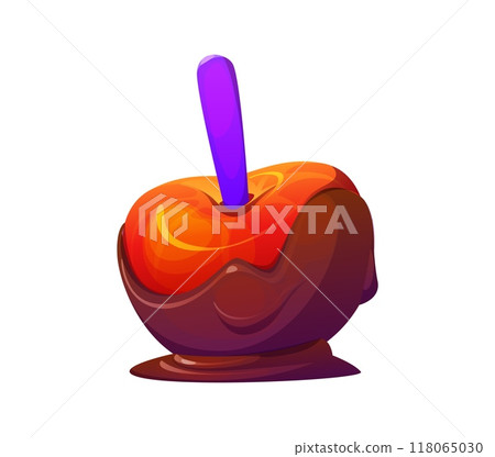 Cartoon Halloween holiday candy apple, vector Helloween sweets and dessert food. Caramel, toffee or chocolate covered red apple fruit with stick. Halloween trick or treat horror night party sweets Cartoon Halloween holiday candy apple, vector Helloween sweets and dessert food. Caramel, toffee or chocolate covered red apple fruit with stick. Halloween trick or treat horror night party sweets 118065030