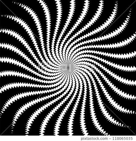 Psychedelic hypnosis swirls, hypnotic spiral pattern. Abstract black and white spiraling effect. Monochrome vector optical illusion with swirling circular shape, wavy lines or rays with dot in center 118065035