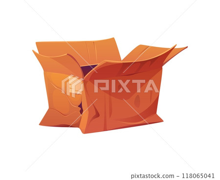 Broken, damaged and crumpled cargo cardboard box package, crushed and ripped delivery parcel, indicating rough handling, mishandling, shipping issues, packaging damage, goods transportation problems 118065041