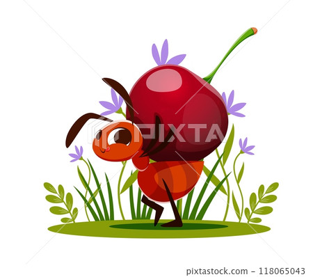 Cartoon ant carries a cherry amidst green grass and flower on a summer meadow. Cheerful cute vector ant insect carrying a large cherry on its back, showcasing a playful and colorful scene from nature 118065043
