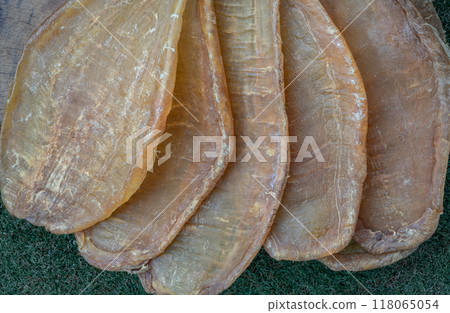 Detail of Fish Maw Soup or Dried Fish Stomach (Dried Fish Bladder). Detail of Fish Maw Soup or Dried Fish Stomach (Dried Fish Bladder). 118065054