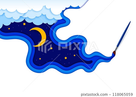 Paint brush and paper cut night sky. 3d vector papercut layered frame with clouds, stars and a crescent moon in a dark blue sky. Paintbrush creating a vibrant nighttime imaginative, fantasy art Paint brush and paper cut night sky. 3d vector papercut layered frame with clouds, stars and a crescent moon in a dark blue sky. Paintbrush creating a vibrant nighttime imaginative, fantasy art 118065059