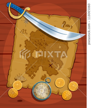 Vintage pirate treasure map with corsair saber, golden coins and compass. Vector ancient, weathered parchment, adorned with wind rose and sea monsters, mysterious X marking, leading to buried loot 118065060