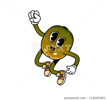 Cartoon groovy kiwi fruit character. Isolated vector fun and vibrant food personage joyfully jumping in the air wearing sneakers and gloves, radiating a playful and energetic vibe. Fresh and ripe kiwi 118065061
