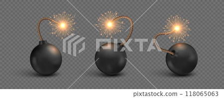 Realistic bomb with burning wick fuse, showing different stages of ignition. Isolated 3d vector explosive military tnt weapon, volatile device that poses imminent danger and urgency with bright sparks Realistic bomb with burning wick fuse, showing different stages of ignition. Isolated 3d vector explosive military tnt weapon, volatile device that poses imminent danger and urgency with bright sparks 118065063