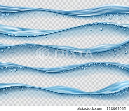 Water surface splash, realistic pool line waterline. 2d vector blue transparent water waves with bubbles. Isolated pure and fresh natural elements, horizontal wavy lines of pool, sea or the ocean Water surface splash, realistic pool line waterline. 2d vector blue transparent water waves with bubbles. Isolated pure and fresh natural elements, horizontal wavy lines of pool, sea or the ocean 118065065