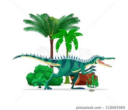 Baryonyx prehistoric dinosaur character in a lush tropical forest natural habitat with palm tree, log, fern and shrub. Isolated cartoon vector ancient carnivore reptile animal of Early cretaceous era 118065069