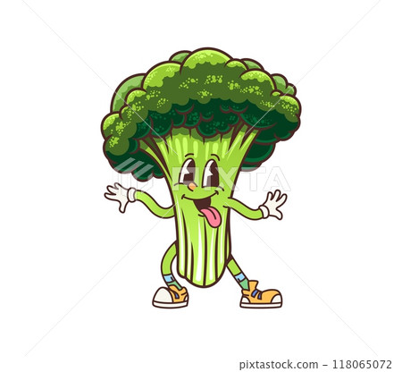 Cartoon groovy broccoli vegetable character with happy expression, sticking out its tongue. Cheerful veg personage in trendy sneakers, teasing and promoting healthy eating conveys energy and happiness Cartoon groovy broccoli vegetable character with happy expression, sticking out its tongue. Cheerful veg personage in trendy sneakers, teasing and promoting healthy eating conveys energy and happiness 118065072
