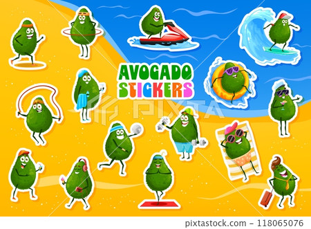 Cartoon avocado on summer beach character stickers vector set. Avocado fruits with happy expressions enjoying fun beach activities ad surfing, sunbathing, jet skiing, hula hooping, volleyball, drinks 118065076