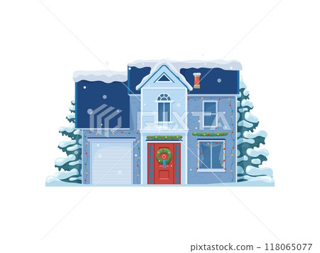 Cartoon Christmas winter house facade exterior. Snowy home building. Isolated vector cottage with snow-covered roof, festive wreath, glowing lights, exuding holiday charm cozy countryside and warmth 118065077